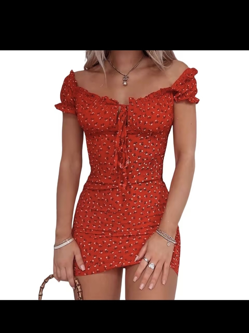 Women's Red Floral Off-Shoulder Mini Dress Tie Front Y2k Sexy Wrap Bodycon